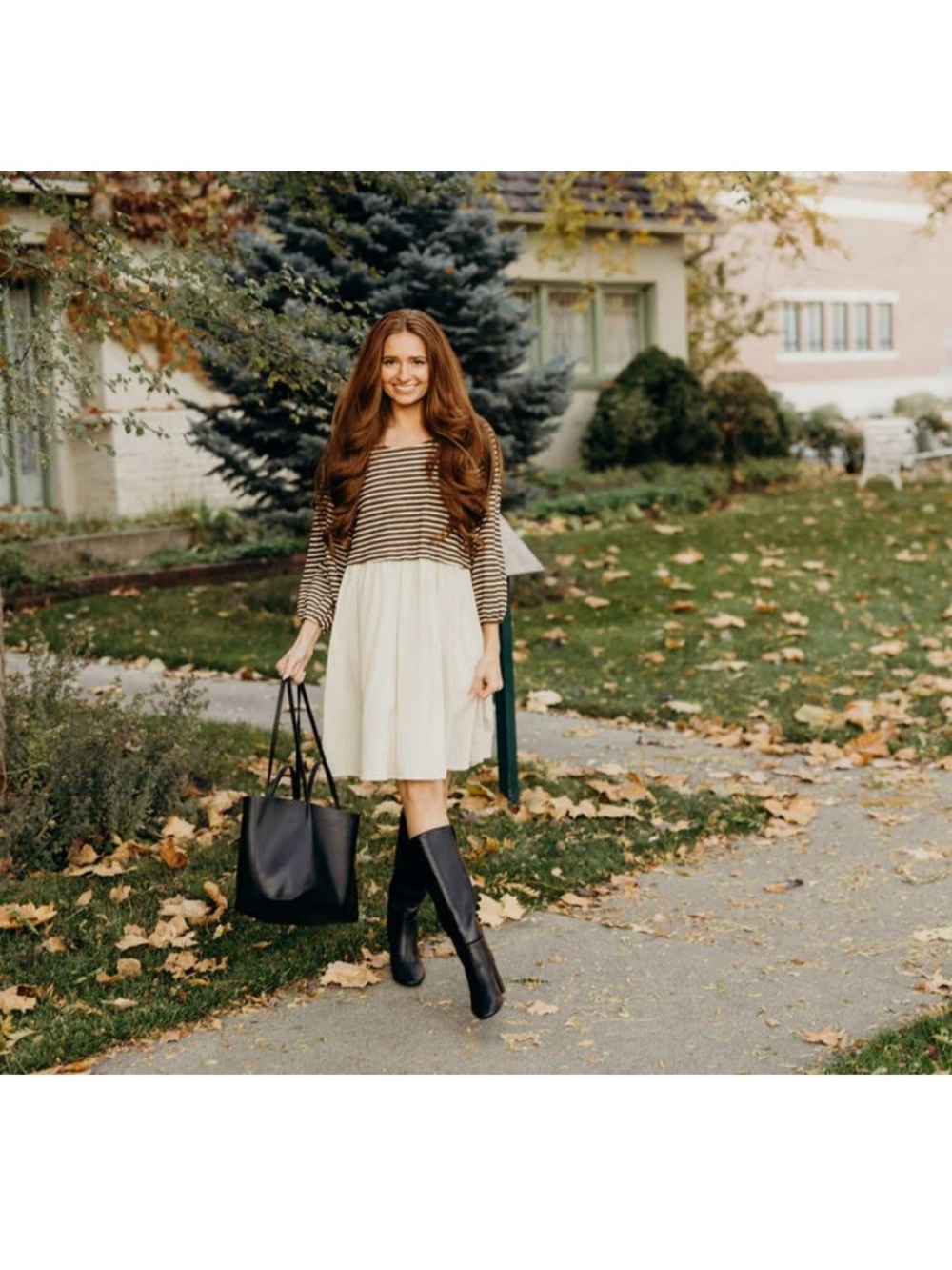 Mikarose Striped Brown and Cream Long Sleeve Dress